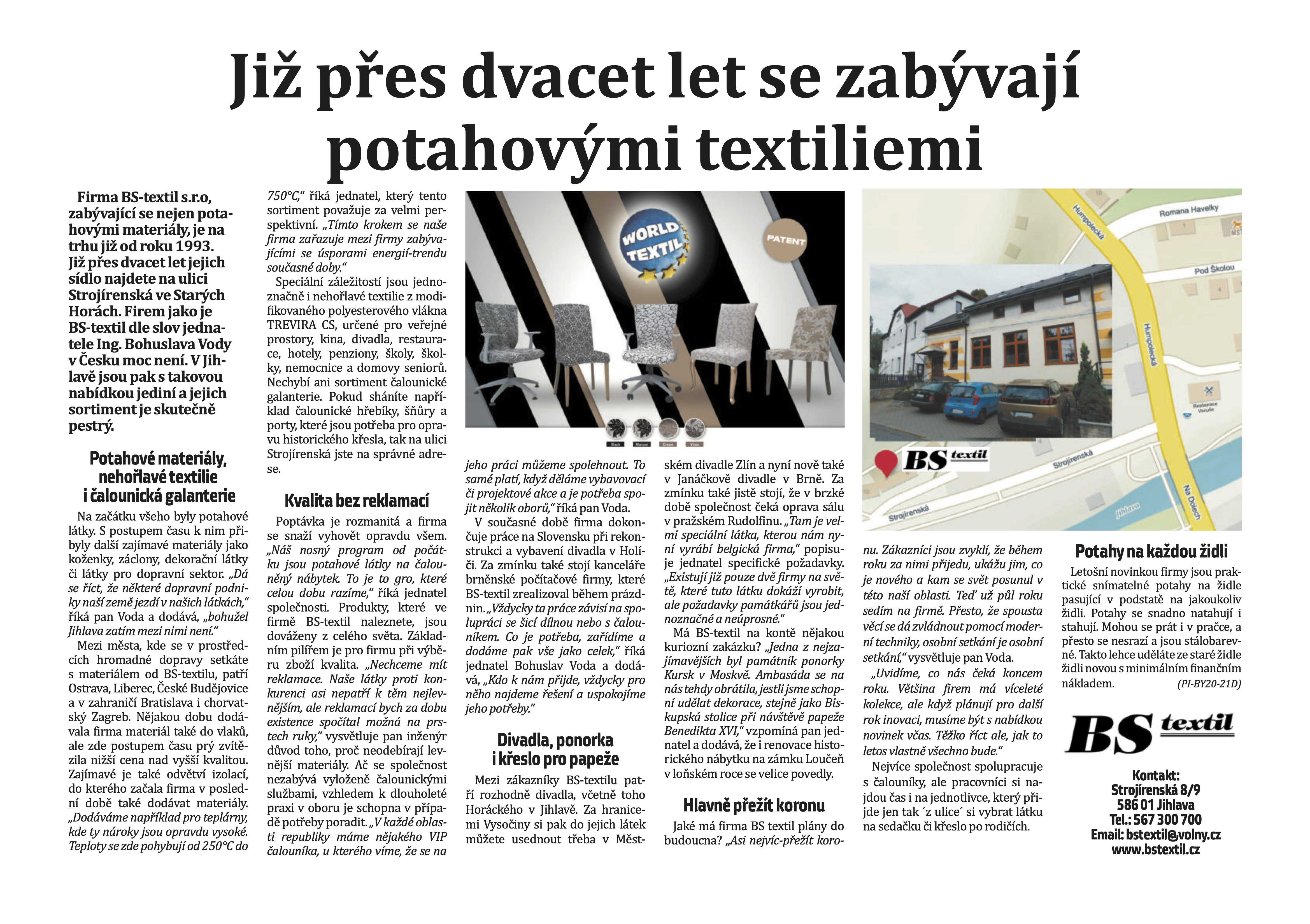 Reportáž o firmě BS-Textil v magazínu Jihlavských listů o bydlení